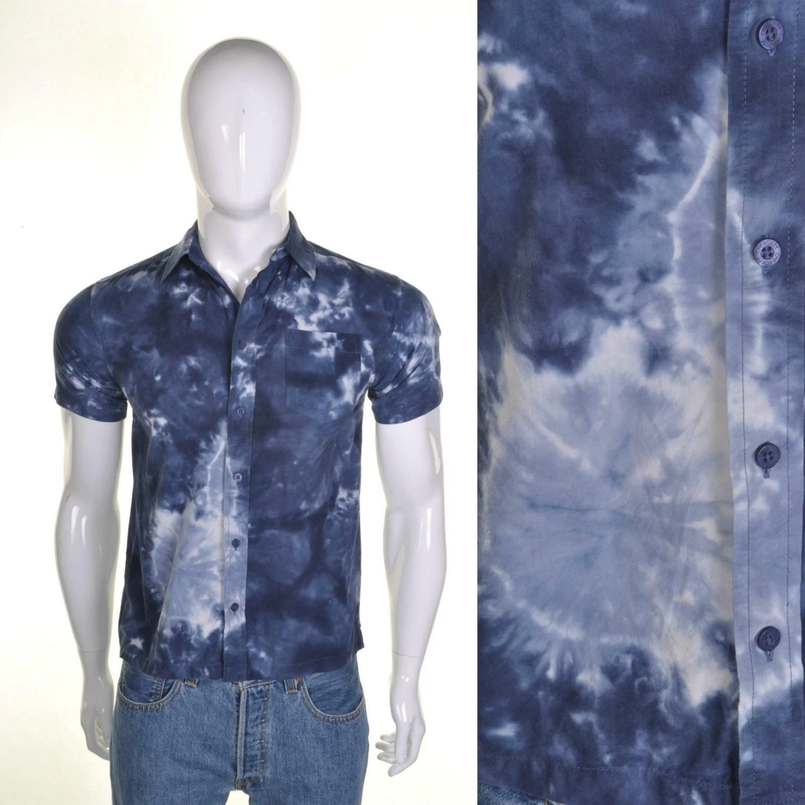 VINTAGE 90s CHEROKEE Tie Dye Shirt XS 36 Funky Jazzy Print Pattern Blue