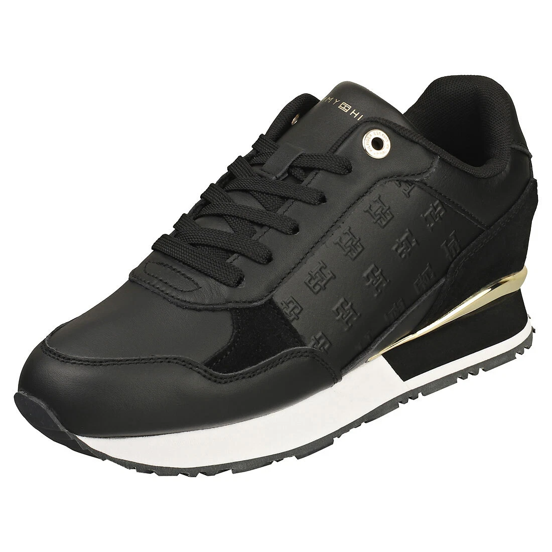 Tommy Hilfiger Metallic Monogram Emboss Womens Black Gold Trainers | eBay