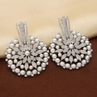 CZ Diamond Pearl Floral Drop Earrings White Finish Bridal Statement Jewelry
