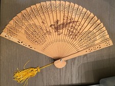 Vintage Wooden Folding Hand Fan Oriental Open Work Carved Wood Bird 13  x 8  