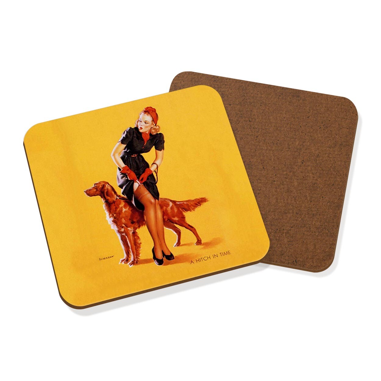 Pin Up Girl Coaster Drinks Mat A Hitch In Time Gil Elvgren Vintage Poster Dog
