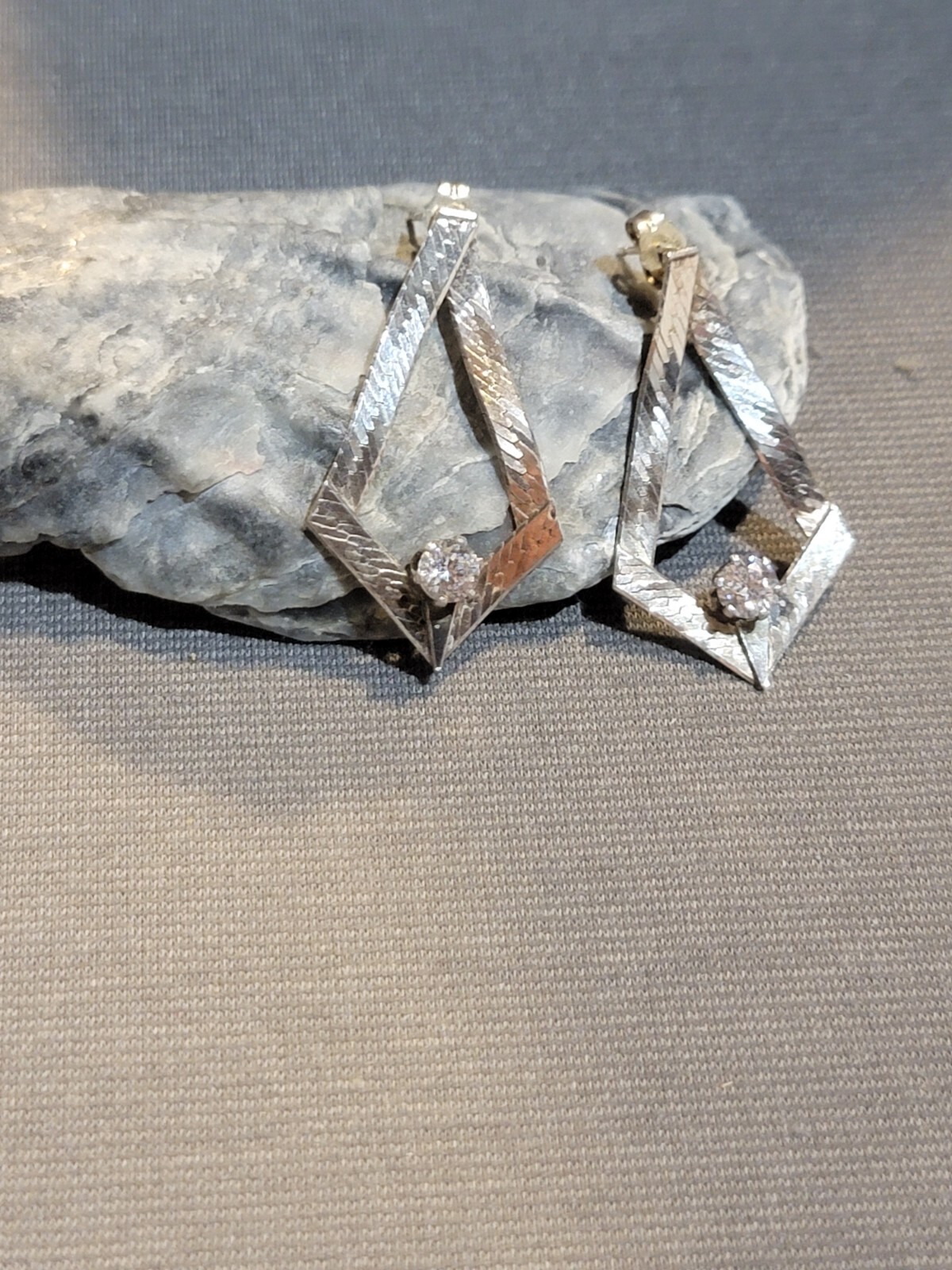 Silver Tone Triangular Herringbone Pierced Earrin… - image 7