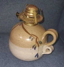 VTG Stoneware Pottery Oil Lamp Signed By Artist No Glass Chimney Rustic Decor