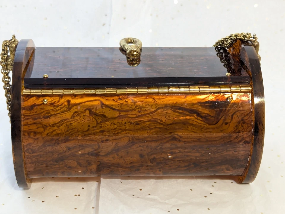 Vtg Rialto Bklyn NY Lucite Wood Grain Purse Handbag Barrel Cocktail Chain Strap - Image 4 of 4