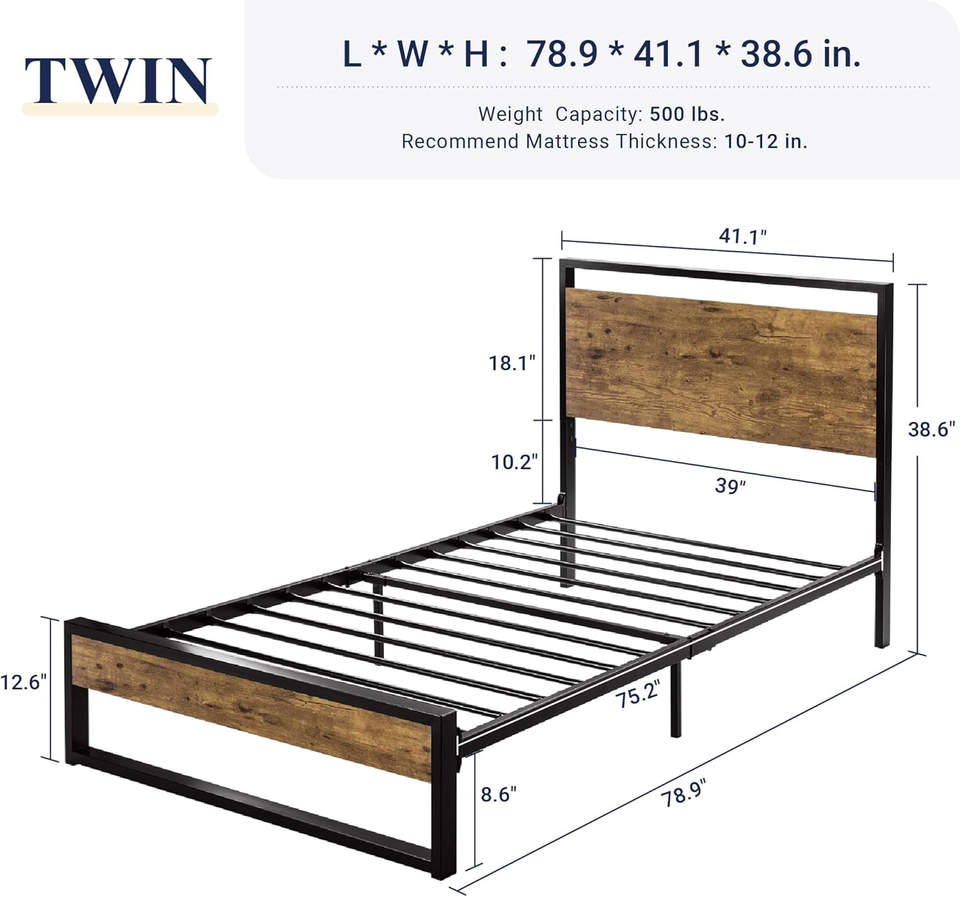 Twin Metal Bed Frame with Rustic Headboard & Footboard, Sturdy Frame