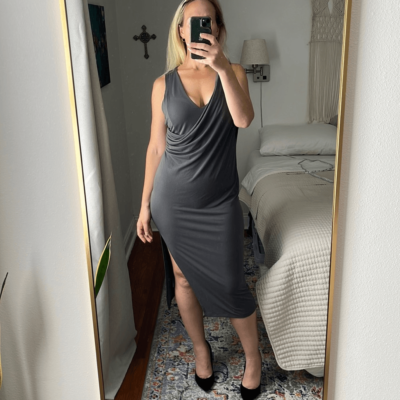 ASOS Dress Womens Size 12 Grey Faux Wrap Cross Back Midi Side Slit