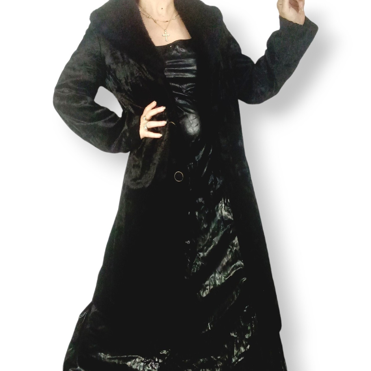 Planet Black Velvet Coat L Sherpa Afghan long faux fur jacket