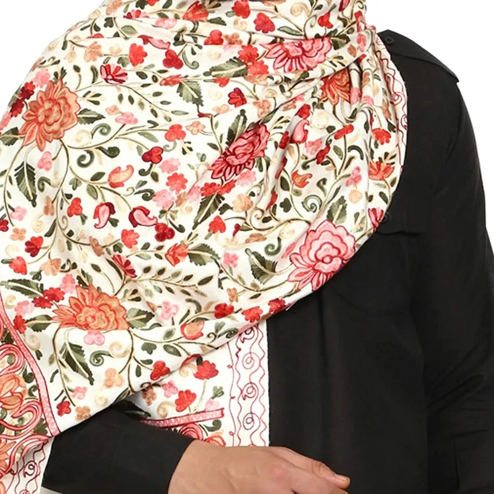 Мужская шерстяная шаль Kashmiri Aari с вышивкой, цвет белый - Изображение 2 из 3