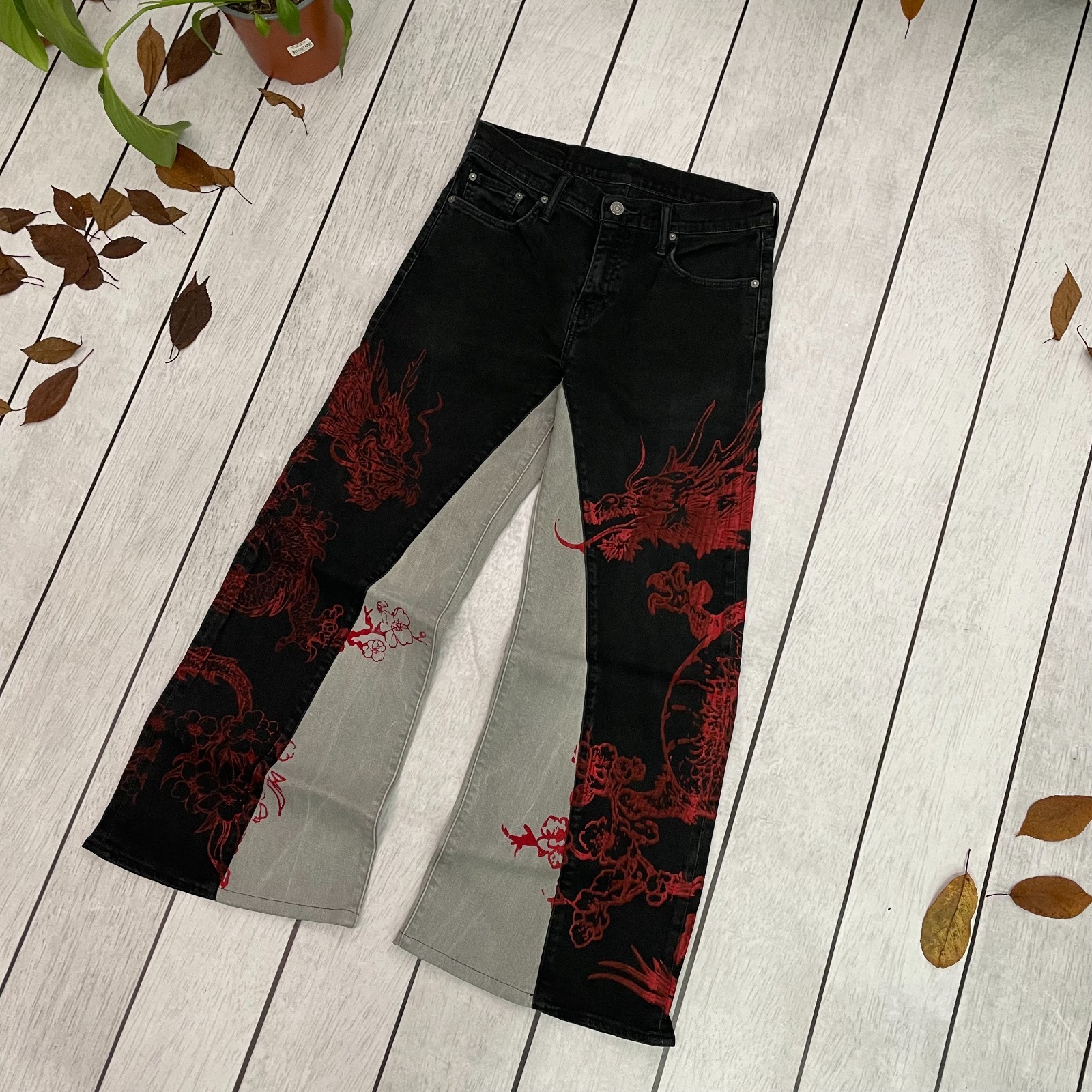 Custom Levi's Flared Jeans baggy fit Red dragon japanese style 30x30 sz thumbnail 2