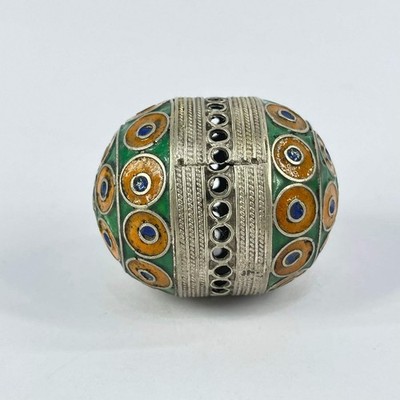 Moroccan Metal Enamel Huge Green and Orange Trade Bead