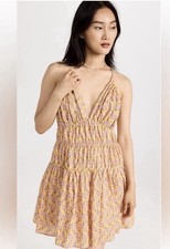 Ciao Lucia Zeta Yellow Pink Bloom Print Smocked Sun Dress M USA Made 100% Cotton