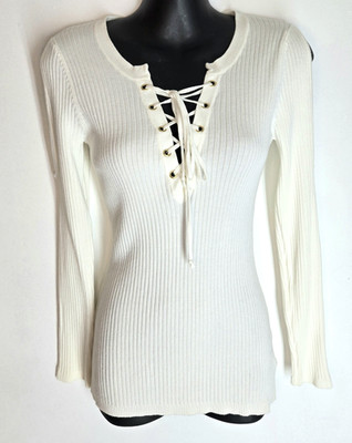 NEW GUESS Women's SMALL Jozel Cold Shoulder Lace Up Ribbed Top Long Sleeve White
