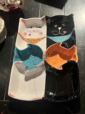 Vtg Clay Art South San Francisco Catfish Hand Painted Cats Koi Fish & Chips Tray