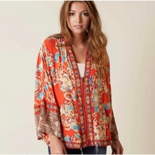Free People Wildflower Cinched Zip Kimono Jacket Orange Blue Cream Floral M L