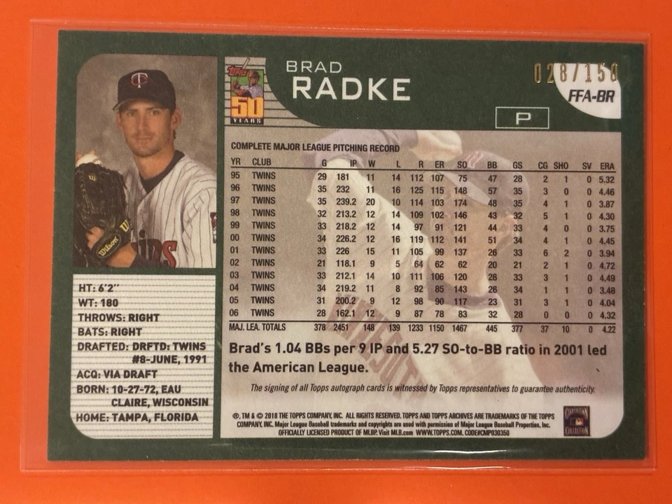 Bola de beisebol 2018 Topps Archives Brad Radke favoritos dos fãs roxa automática /150 #FFA-BR - Imagem 2 de 2