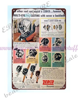 living wall decor 1962 ZEBCO FISHING REELS BRUNSWICK CORP metal tin sign