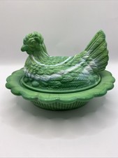 Mosser Art Glass VTG Jadeite Green/White Slag Hen on Nest Dish Split Tail 6 1/2