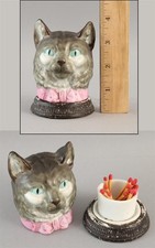 Antique 19thC Bisque Porcelain Figural Gray Tabby Cat Head Match Safe Holder NR