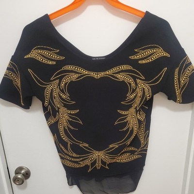 Zara W&B Collection Women's Small Black Gold Embellished Short Sleeve Blouse