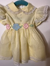 Vintage Yellow Swiss Dot Baby Easter Dress Ruffles Lace Pinafore 12Months Read