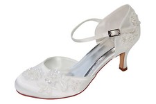HBH Satin Brautschuhe,Stickerei Perlen,ausgepolstert,Lederriemchen,Weiß/Ivory