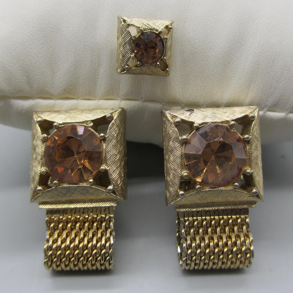 Gemelos Swank Tie Tack Facetado Ámbar Estrás Tono Dorado Malla Envoltura Alrededor Foto 2 de 4