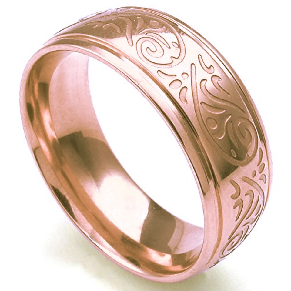 Ebay Wedding Rings for Women. 7mm Rose Stainless Steel Band Floral Etched Design - Image 3 of 4