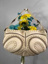 COLE HAAN Village Grommet Stitching Beige Pebbled Leather Shoulder Bag