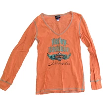 Harley Davidson Quaid Harley Loma Linda California Ladies VNeck Medium Orange