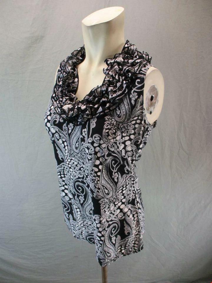 Blusa Camisa Top Milano Talla M Mujer Negra/Blanca Sin Mangas Volantes Cuello 6G888 Foto 3 de 4