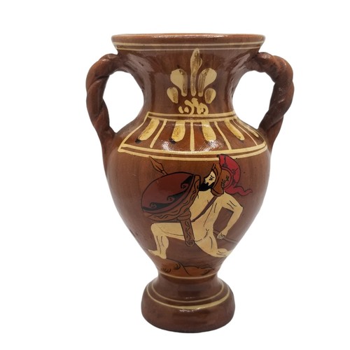 Greek Pottery Vase Signed Made in Greece Warrior Scene Terra Cotta Amphora Style - Picture 2 of 9