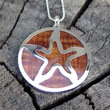 Hawaiian Koa Wood Jewelry Scroll Starfish Rhodium Plated Brass Pendant BRP1036
