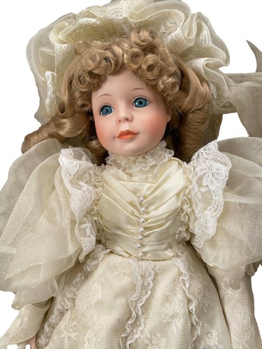 Vintage Girl Doll Porcelain Blonde Braids Flower Dress, 8 