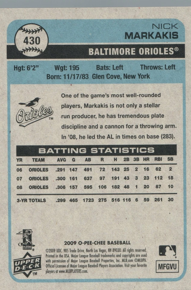 #430 Nick Markakis Baltimore Orioles 2009 O-PEE-CHEE Baseball Card FAX - Image 2 of 2