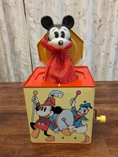 1970s MICKEY MOUSE Jack In The Box Musical Pop Up Toy Walt Disney Donald Pluto