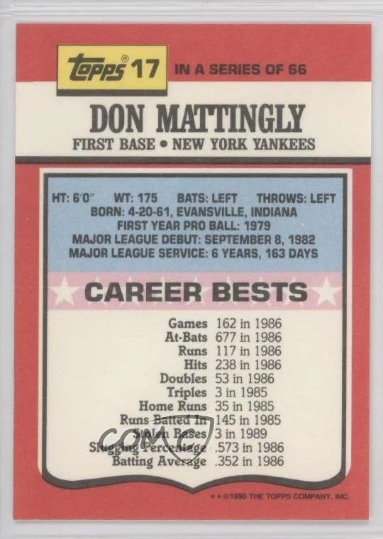 1990 Topps TV Glossy All-Star Set Don Mattingly #17 - Image 2 of 2