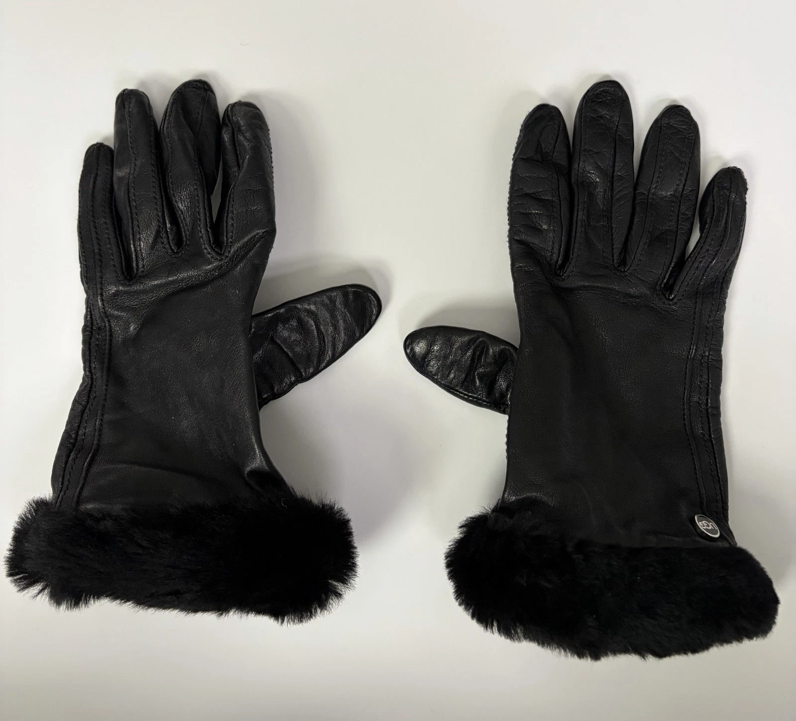 UGG Australia Leather Gloves Cashmere Lined Shearling Fur Cuff Black Size S