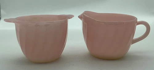 Vintage Fire King Swirl Pink Milk Glass Creamer and Open Sugar 1950's