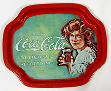 Vintage Coca Cola Delicious Refreshing Serving Tray Young Girl Small Tin Red