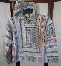 Baja Joe Hoodie UNISEX Small Ivory/Black/Rust Striped Cotton Drug Rug Hippie