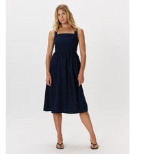 Quince Women's 100% European Linen Fit & Flare Midi Dress Deep Navy Size Small