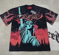 NEW Mens Godspeed Statue of Liberty Lightning Sky print Short sleeved T-shirt