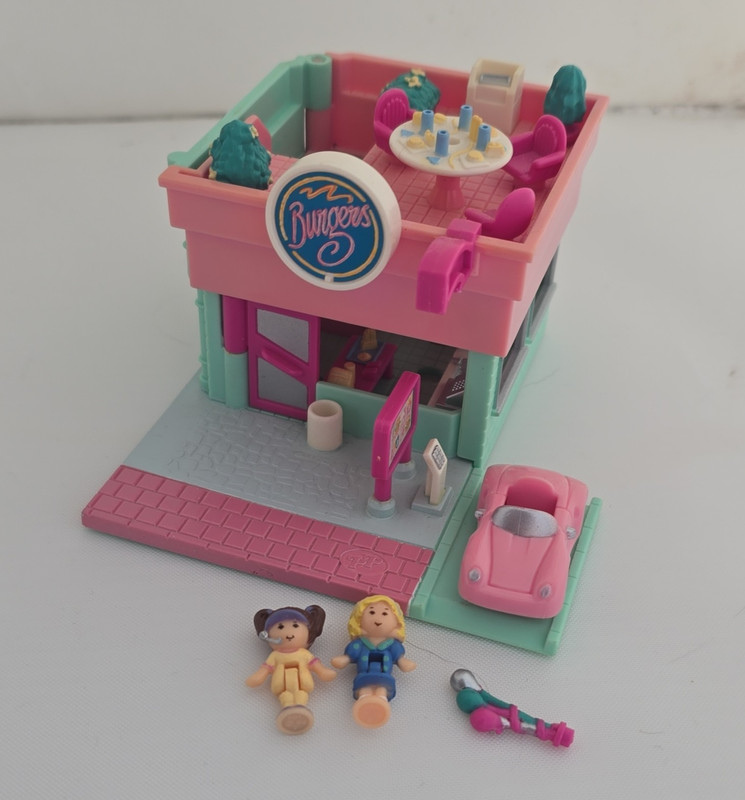 Bluebird Polly Pocket Burger Restaurant Playset w/ 2 1in Dolls & Pink Car 1990s