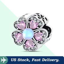 KUNSIR 925 Sterling Silver Pink Flower Bead Charm For Bracelet Flower Charm DIY