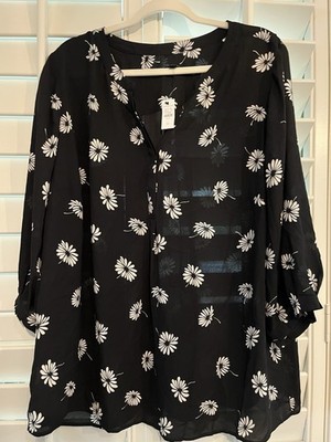 Talbots Plus Womens 2X NWT Black White Floral Blouse Long Sleeve