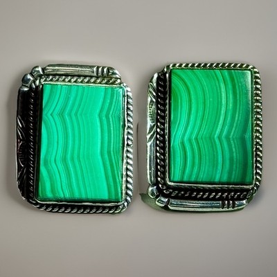 Navajo Sterling Silver Malachite Earrings Albert C McCabe A C Signed