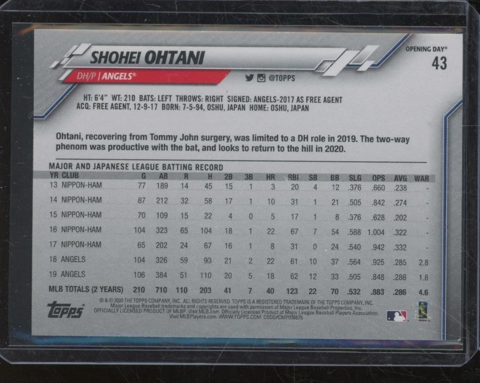 2020 Topps Opening Day SHOHEI OHTANI #43 Los Angeles Angels JA358 - Image 2 of 2