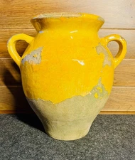 Vintage French Provincial Yellow Glazed Confit Pot Terracotta 2-Handle