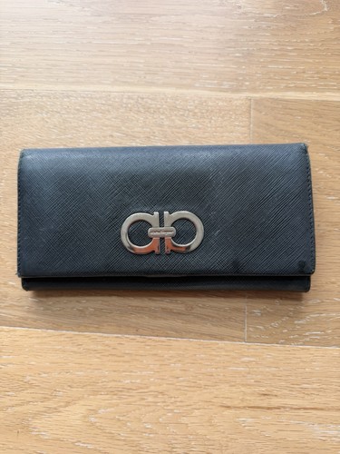 Salvatore Ferragamo Gancini Logo Long Navy Blue Leather Continental Wallet
