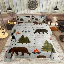 Happy Camping Comforter Set Twin Size Hunt Bear Pine Trees Bedding Set for Ki...